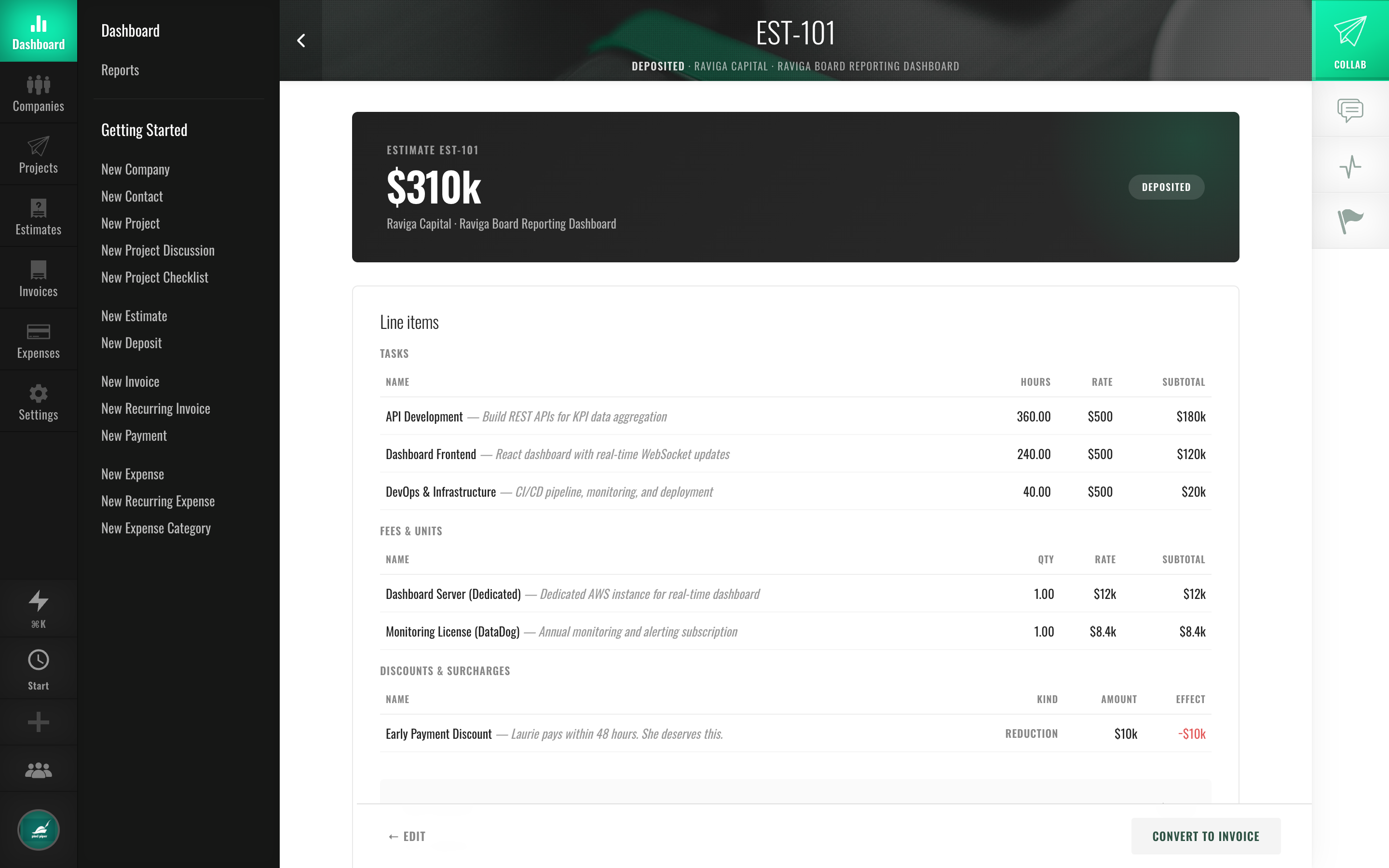 Fee-Lion converting an approved estimate into an invoice in one click.