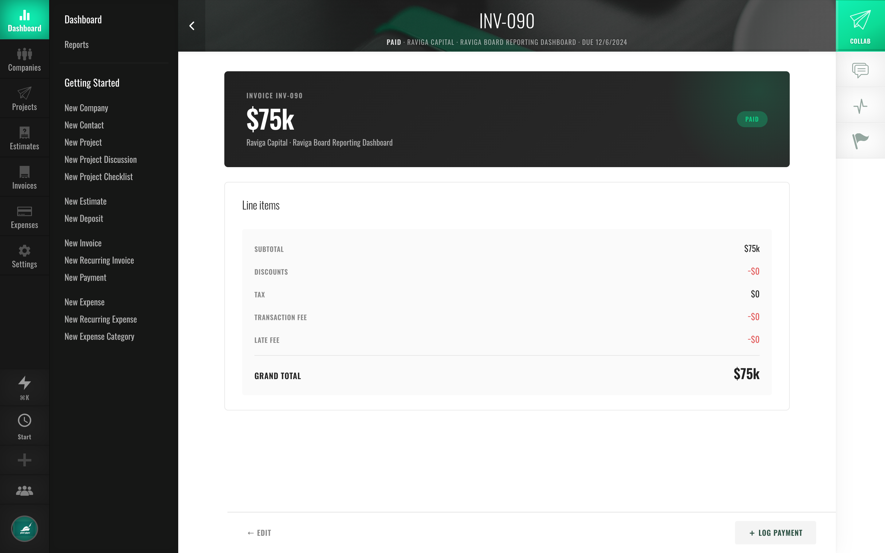 The resulting Fee-Lion invoice with the same line items, now with a due date and a pay-by-card button.